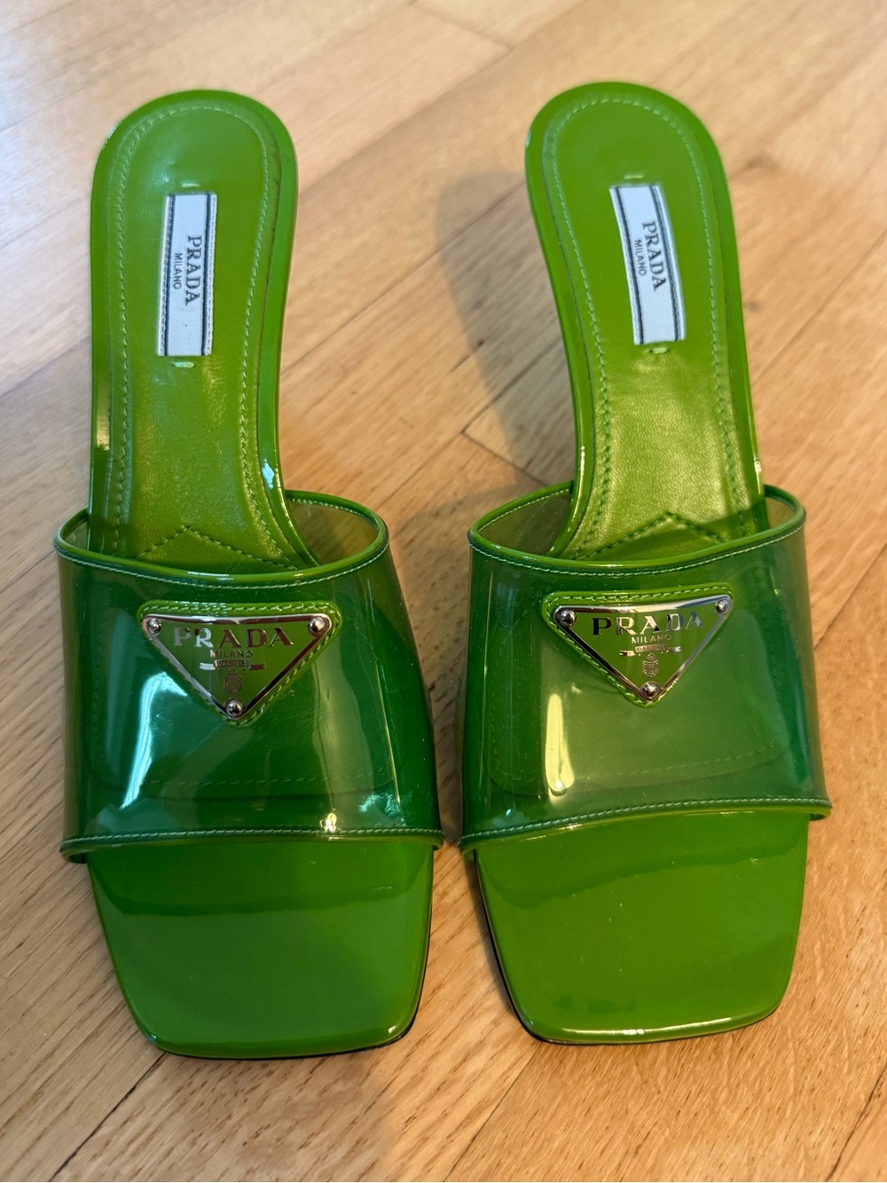 Prada Neon Green Patent PVC Triangle Logo Slides Size 37.5 Fits US 7.5 w/ Box - Picture 10 of 10
